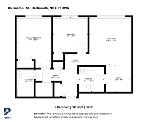 Floor plan for 2 beds, 1 bath, 683 sqft